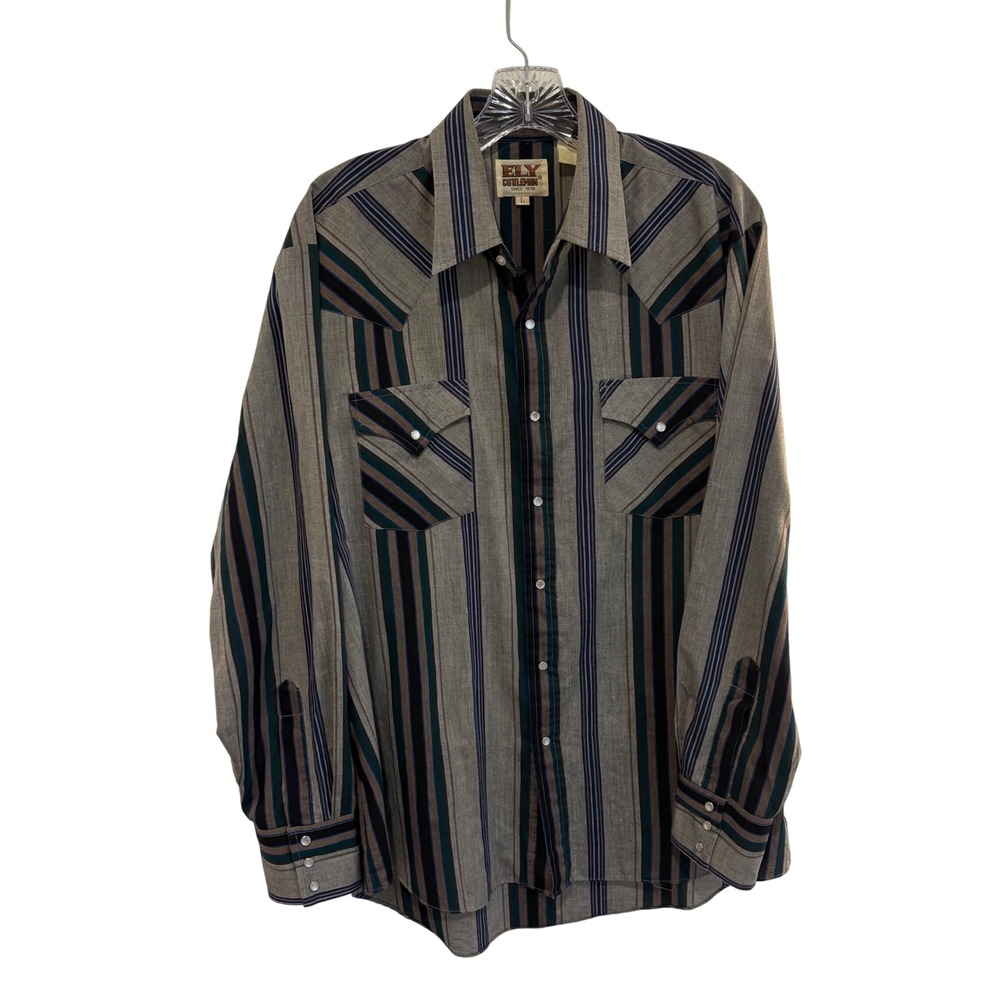 Ely Cattleman Western Yoke Pearl Snap Shirt Mens L Gray Striped Cowboy Rodeo - Picture 3 of 9